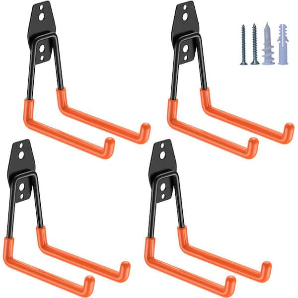 4 Pack 5.1 in. Black Steel Wall Rack with Heavy-Duty Hooks for Garage Storage Garden Tools and More