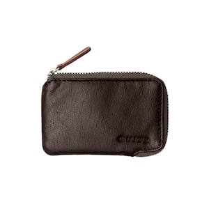 Minimalist Khaki Genuine Leather RFID Blocking Zip Case Card Holder in Gift Box