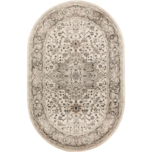 Concerto Ivory Grey 5 ft. x 8 ft. Center medallion Traditional Oval Area Rug