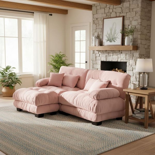 MINH 94.4 in. Pillow Arm 3-piece Chenille Sectional Sofa with Deep Cushions and 1 Movable Ottoman in. Petal Pink