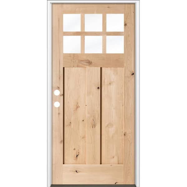 36 in. x 80 in. Craftsman Knotty Alder Right-Hand/Inswing 6 Lite Beveled Clear Glass Unfinished Wood Prehung Front Door
