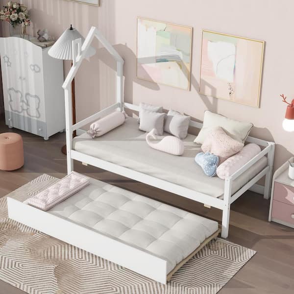 Harper & Bright Designs White Wood Frame Twin Size House Daybed with Chimney Design, Trundle and Fence Guardrails