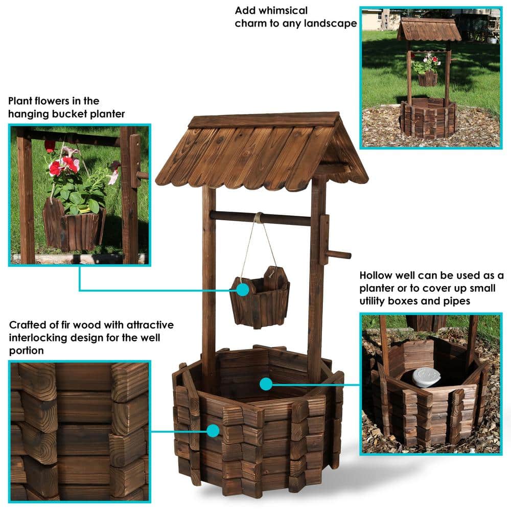 Brown Fir Wood Wishing Well Garden Planter with Hanging Bucket