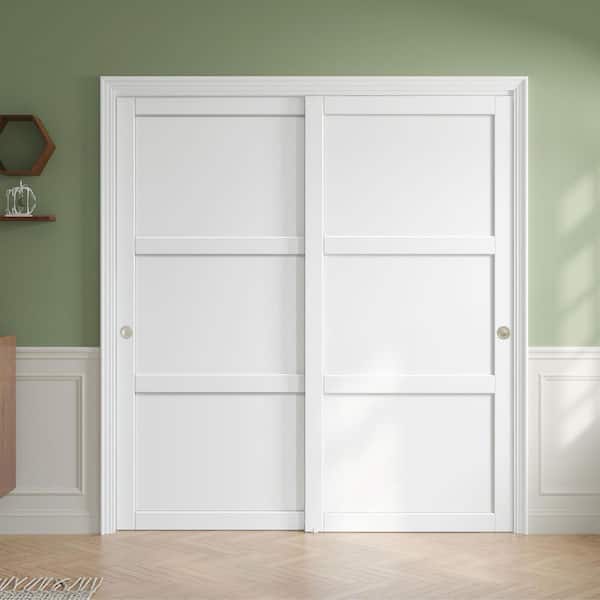 72 in. x 80 in. 3-Lite White Finished Solid MDF Core Sliding Door with Bypass Hardware Kit