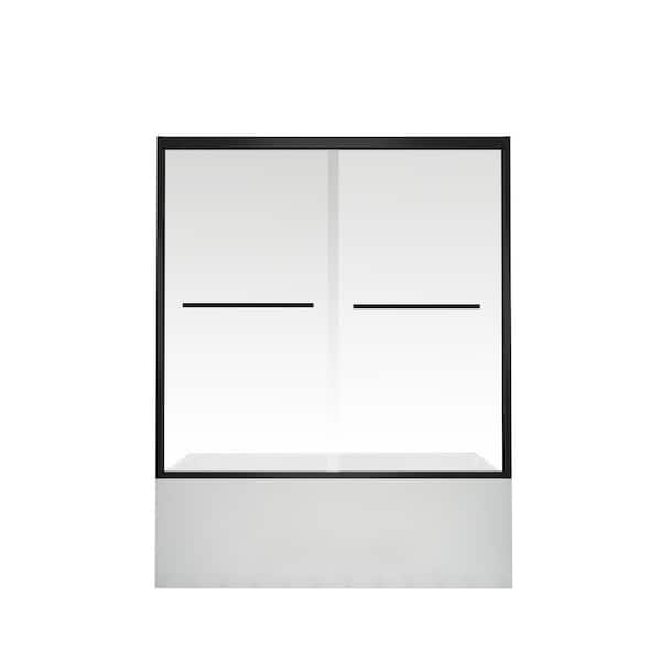 60 in. W x 58 in. H Double Sliding Aluminum Frame Tub Door in Matte Black with Clear Tempered Glass