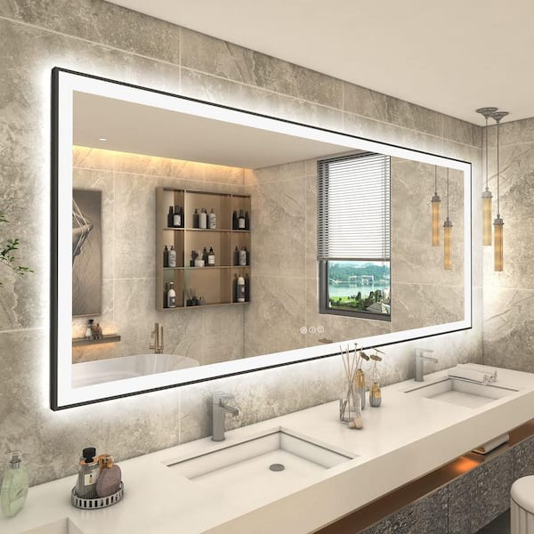 84 in. W x 40 in. H Rectangular Framed Front and Back LED Lighted Anti-Fog Wall Bathroom Vanity Mirror in Tempered Glass