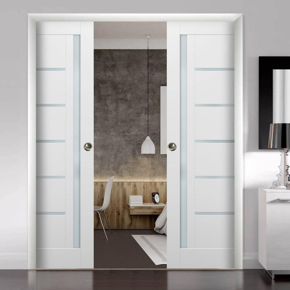 84" x 84" White Frosted Glass Solid Wood Double Pocket Doors
