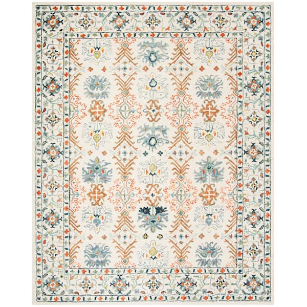 Aspen 10 ft. x 14 ft. Ivory/Blue Border Floral Geometric Area Rug