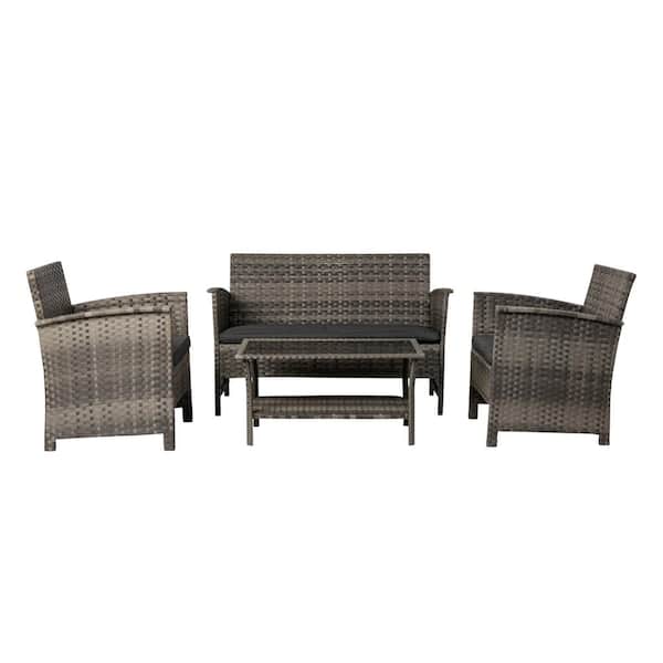 Unbranded Jareth Gray 4-Piece Wicker Patio Conversation Set with Charcoal Cushions