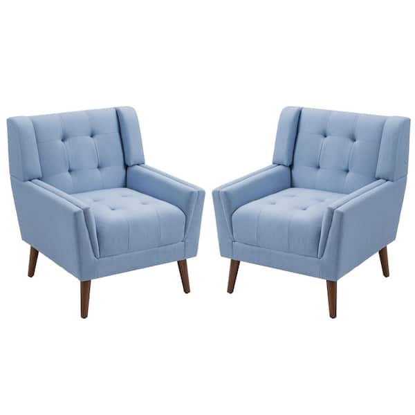 Uixe Blue Linen Upholstered Armchair with Wood Frame (Set of 2)