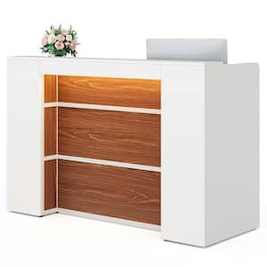 Moronia 63 in. Front Reception Counter Desk, White and Brown Wood Executive Computer Desk Workstation with LED Lights