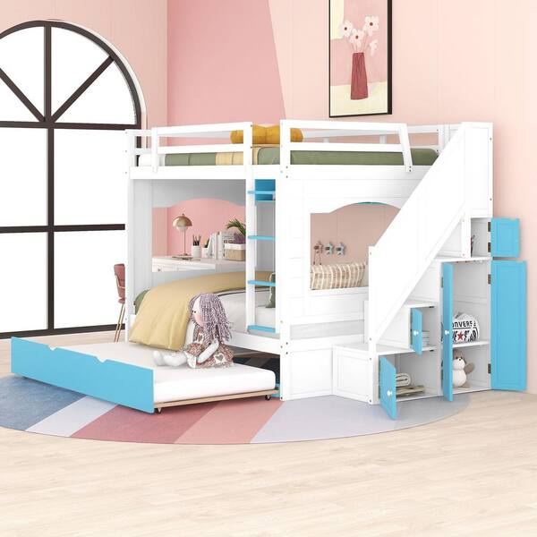 Harper & Bright Designs White and Blue Full Over Full Wood Bunk Bed ...