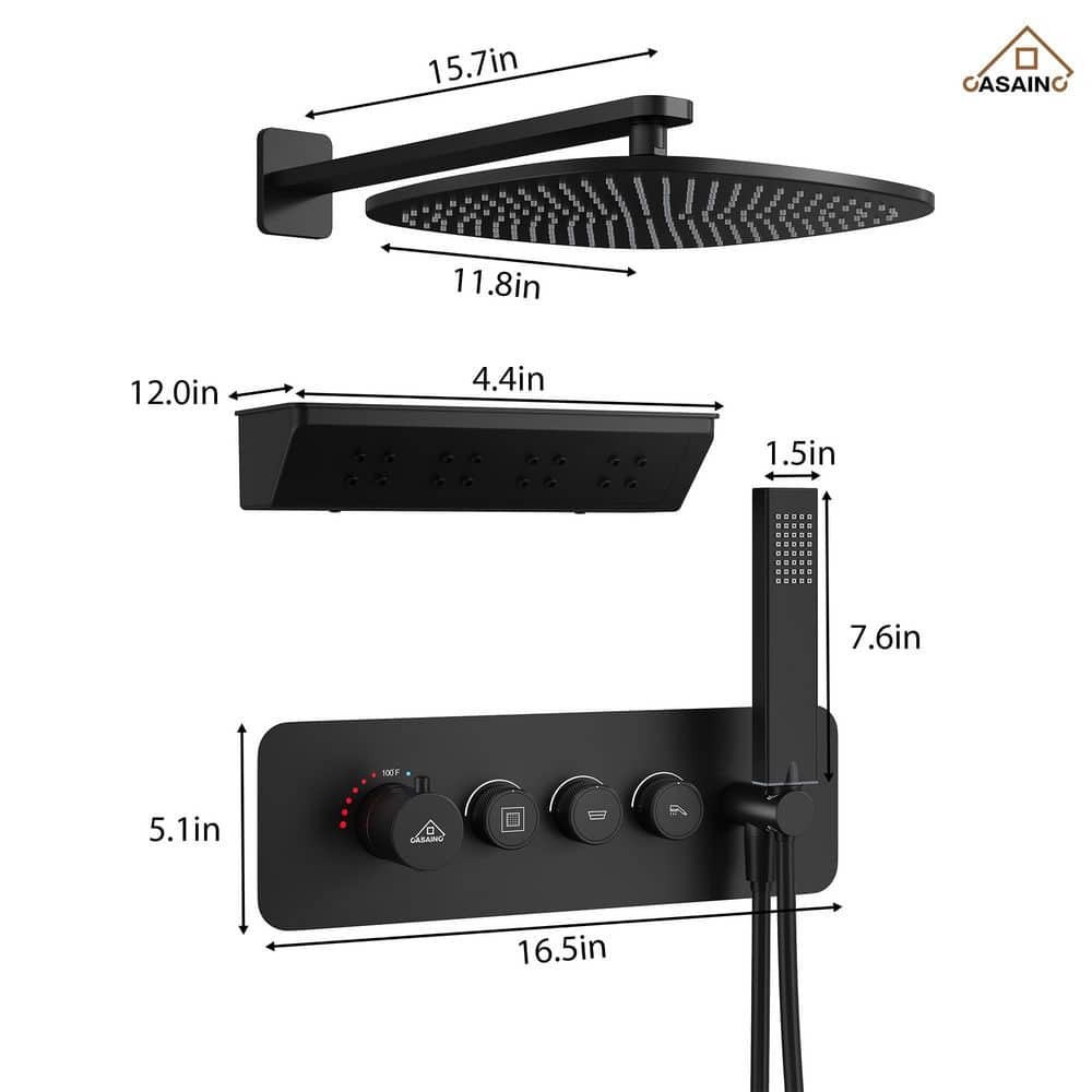 Matte Black Wall Mounted Shower System with Rainfall and Neck Massage