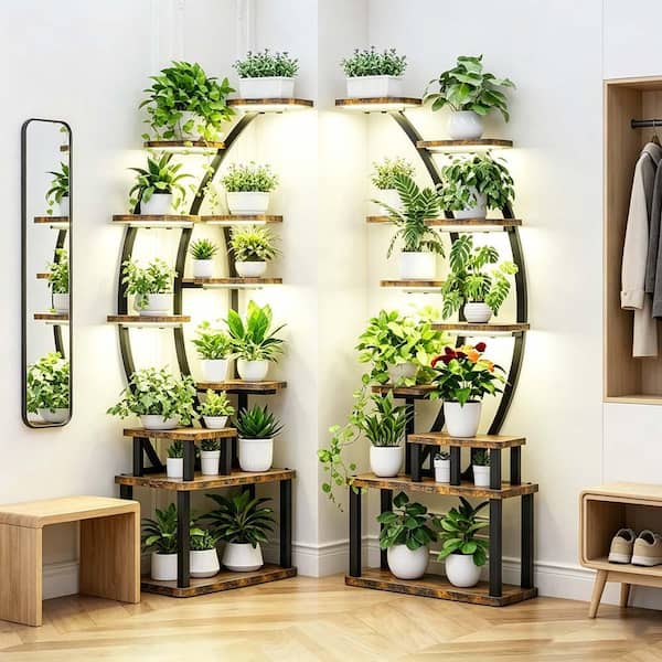 Wood Plant Stand (27 in. W x 63.5 in. H) 9 Tiered Metal Plant