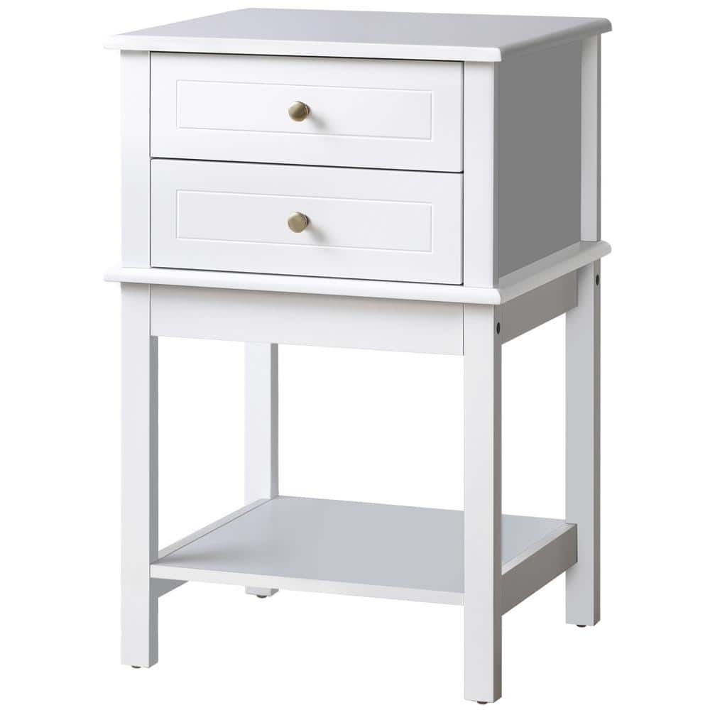 Modern White Wood Side Table with Storage Drawers and Shelf