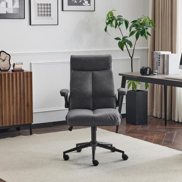 Faux Leather Fabric Swivel Task Chair in Gray with Adjustable Arms