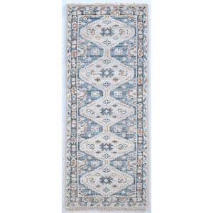 Blue, Beige Cornice Rug 2.8 ft. x 8 ft. Rectangle Wool and Cotton Stair Runner