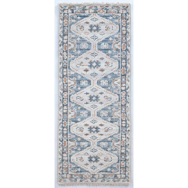NUSTORY Blue, Beige Cornice Rug 2.8 ft. x 8 ft. Rectangle Wool and Cotton Stair Runner