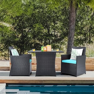 3-Piece Patio Wicker Outdoor Bistro Set PE Rattan Dining Table Set with Turquoise Cushions