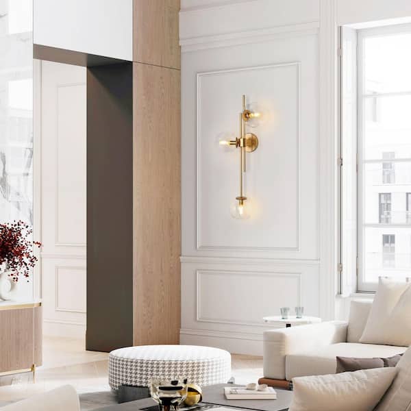 30 in. 3-Light Painted Gold Modern Bathroom Vanity Light Decorative Linear Foyer Wall Sconce with Clear Glass Globes