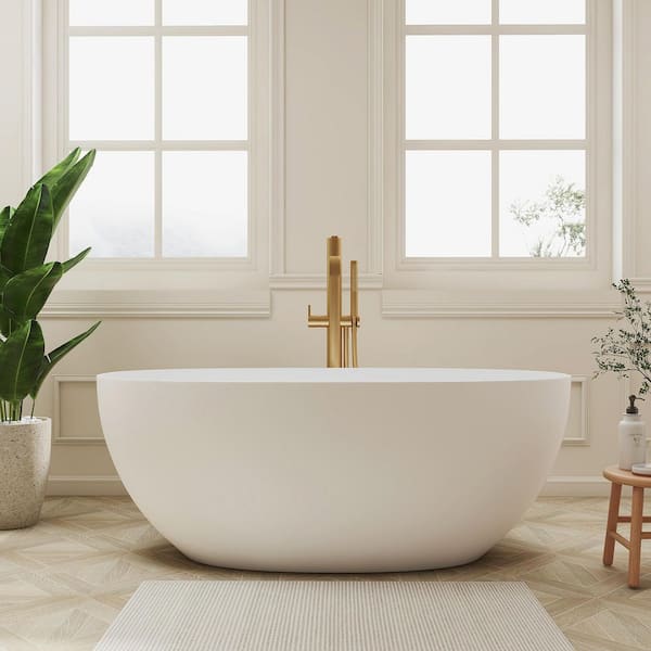 59 in. x 30 in. Solid Surface Freestanding Soaking Bathtub in Matte White