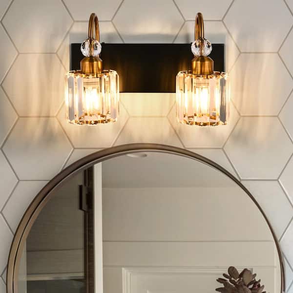 HUOKU VOTOS 2-Light 13.4 in. W Black Bathroom Vanity Light Modern Wall Light with Gold Gooseneck and Colorful Crystal Shade