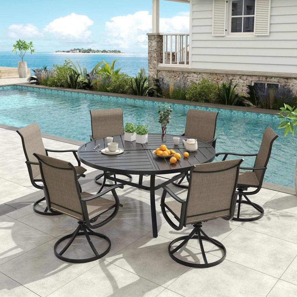 7-Piece All-Weather Metal Outdoor Patio Dining Set with 50 in. Black Round Table and 6 Brown Textilene Swivel Chairs price history on PriceWatchPro