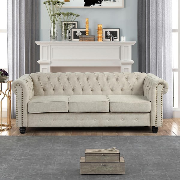 82 in. Round Arm 3-Seater Removable Cushions Sofa in Beige
