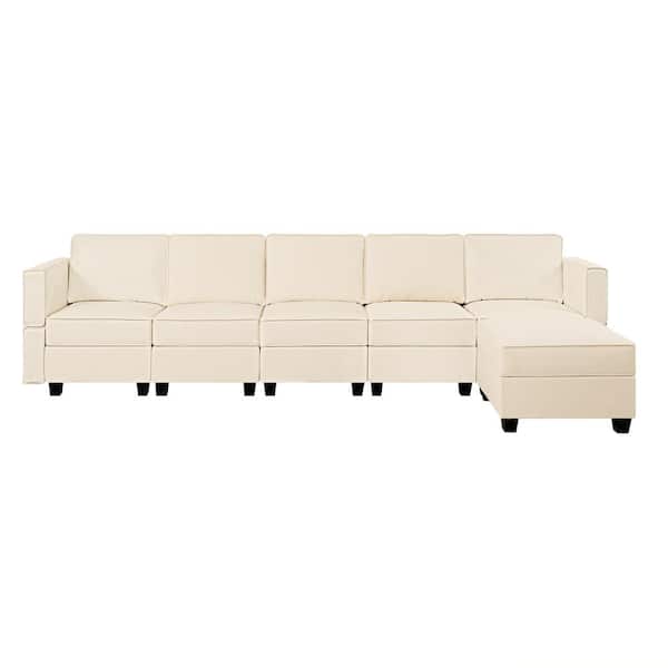 HOMESTOCK 138.59 in. W Faux Leather 5-Seater Modular Sectional Sofa with Double Ottoman in 1-Piece in Beige