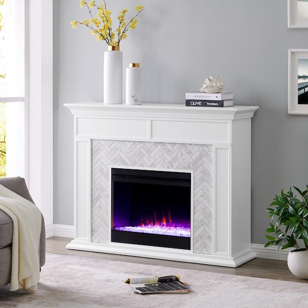 Doris Marble Color Changing 50 in. Electric Fireplace in White and Gray