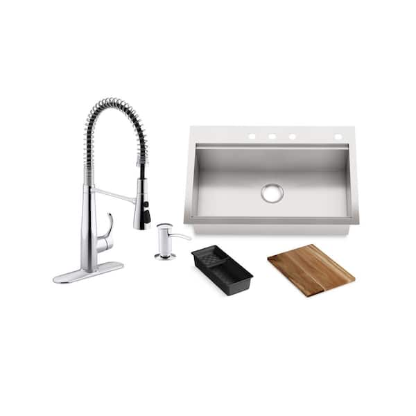KOHLER Lyric Workstation 33 in. Dual Mount Stainless Steel Single Bowl Kitchen Sink with Simplice Semi Pro Kitchen Faucet