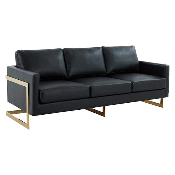 Leisuremod Lincoln 83 in. Square Arm Modern Upholstered Leather 3-Seater Mid-Century Straight Sofa with Steel Gold Frame in Black