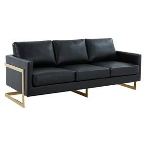 Lincoln 83 in. Square Arm Modern Upholstered Leather 3-Seater Mid-Century Straight Sofa with Steel Gold Frame in Black