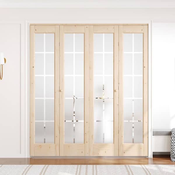 72 in. x 80 in. 3/4 Lite Frosted Glass Preassembled Solid Core Wood Spruce Bi-fold Door with Hardware