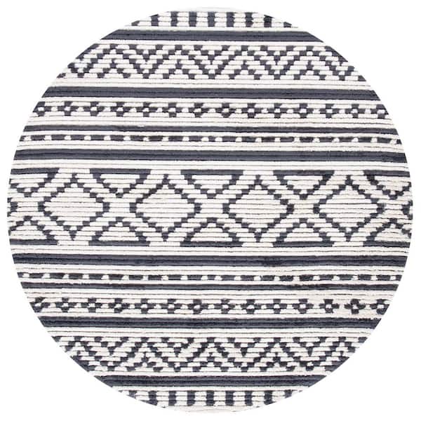 Burko 7 ft. x 7 ft. Ivory/Black Geometric Flokati Round Area Rug
