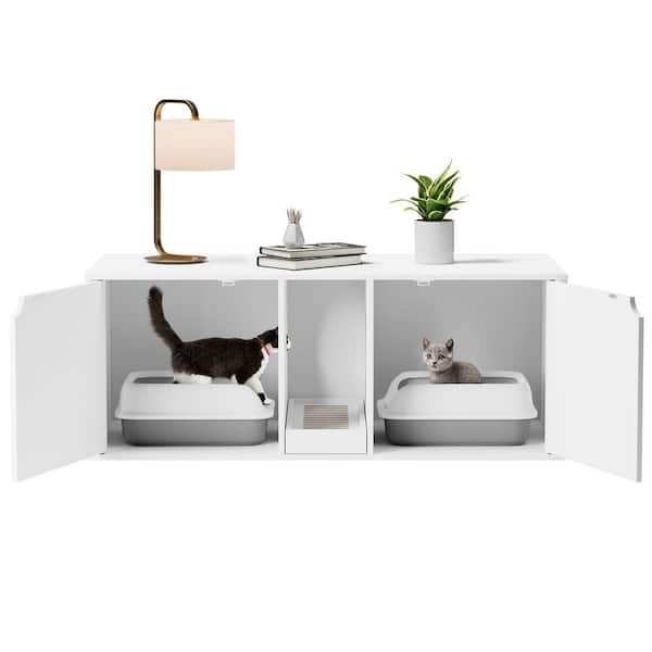 White Wood Side End Table Cat Litter Box with Double Room