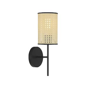 4.75 in. W x 15 in. H 1-Light Matte Black Wall Sconce with Natural Cane Shade