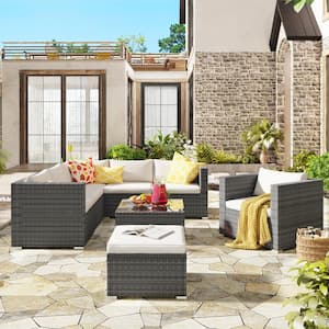 Gray 8-Piece Wicker Outdoor Sectional Set with Beige Cushions