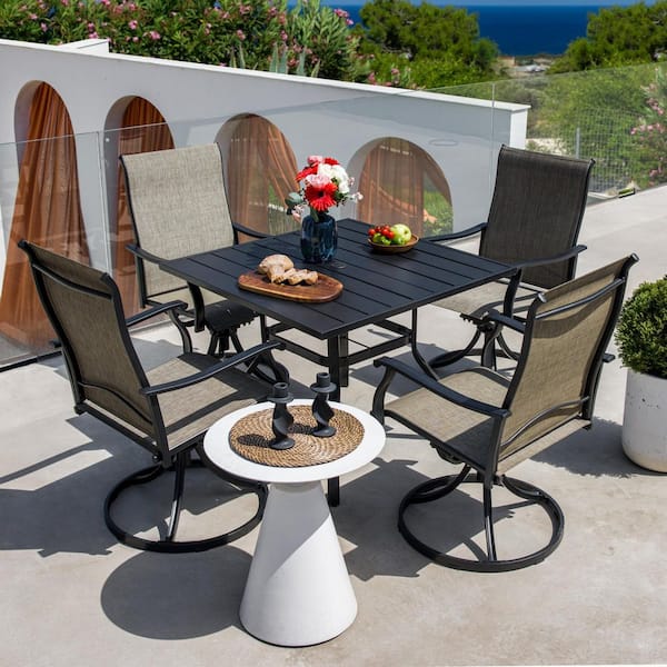 5-Piece Metal Outdoor Patio Dining Set with Square Table and Swivel Textilene Chairs in Brown