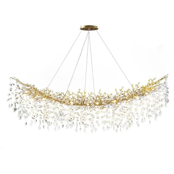 72 in. 20-Light Dimmable Tree Branches Crystal Linear Chandelier, Luxury Kitchen Island Modern Gold Chandelier