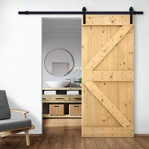 36 in. x 84 in. Unfinished Solid Core Knotty Pine Sliding Barn Door with Hardware Kit