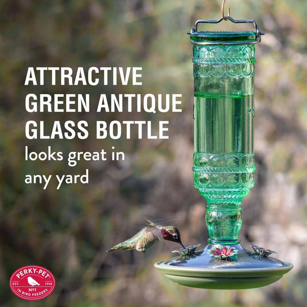 Green Antique Glass Hanging Hummingbird Feeder with Metal Accents