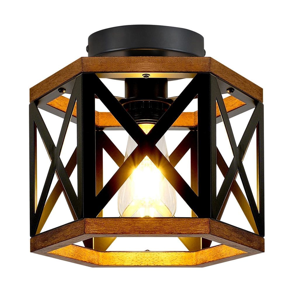 9.4 in. 1-Light Matte Black Rustic Farmhouse Cage Flush Mount Ceiling Light For Living Room price history on PriceWatchPro