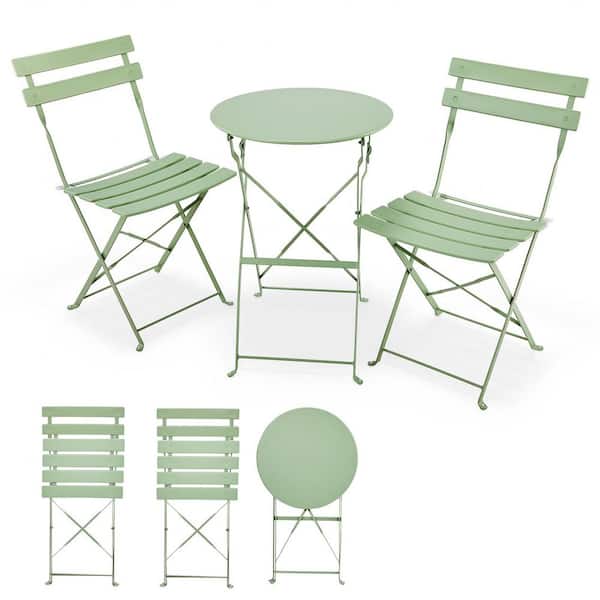 Light Green 3-Piece Metal Outdoor Bistro Set Folding Table and Chairs