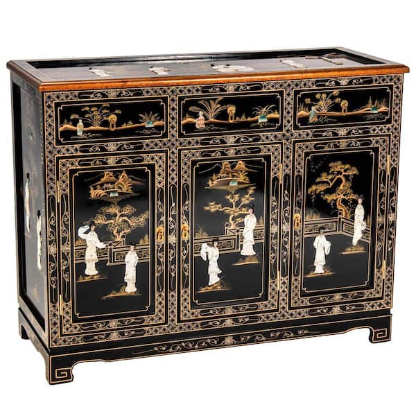 Black Lacquer Wood 46 in. Sideboard with Royal Ladies