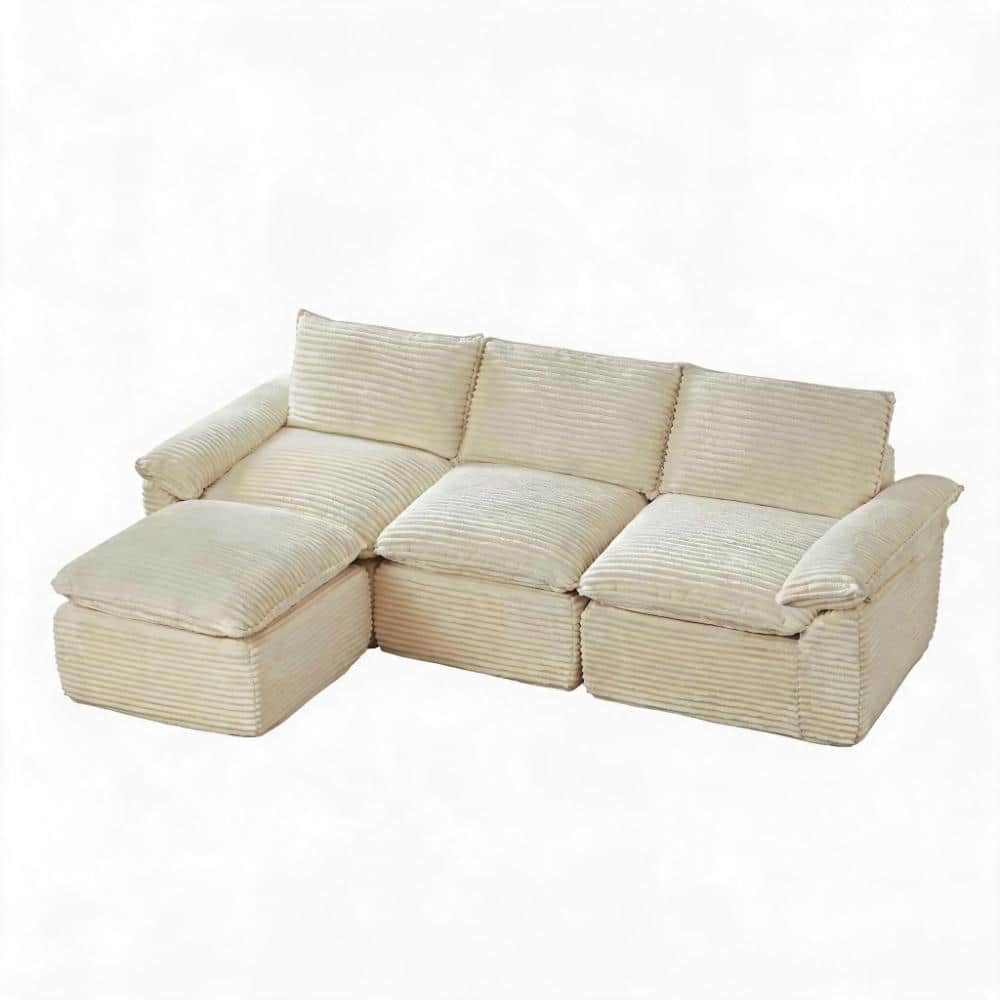 Modern Corduroy Cloud Collection 111 in. Wide Pillow Arm Corduroy Cloud Modular Sofa in White