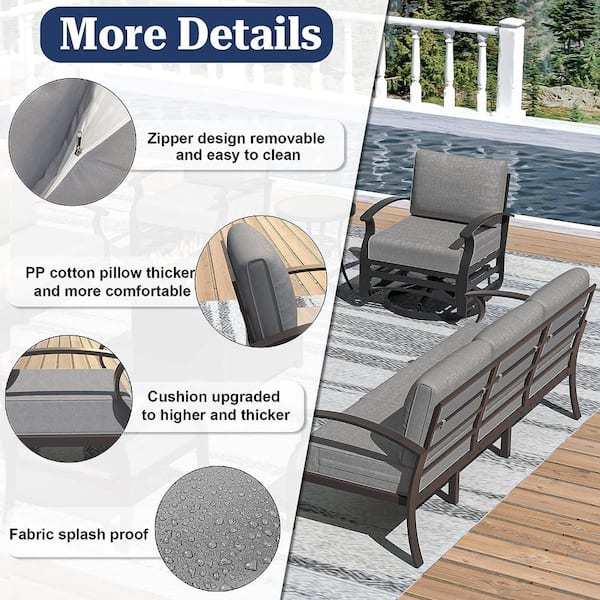 10-Seat Aluminum Patio Conversation Set with armrest, Firepit Table, Swivel Rocking Chairs and Grey Cushions