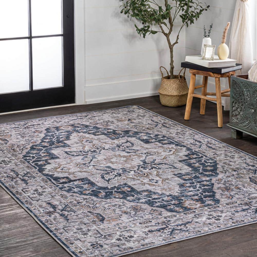 Didim Boho Navy and Light Gray 5x8 Washable Area Rug