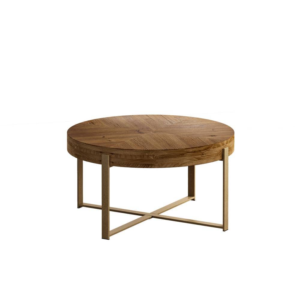 34 in. W 17.7 in. H x 34 in. D Fir Wood Round Coffee Table Shelf with Metal