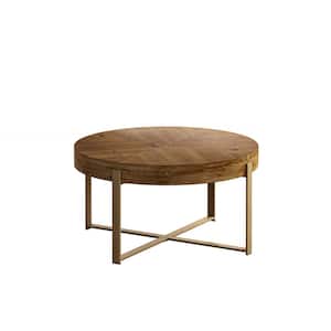 34 in. W 17.7 in. H x 34 in. D Fir Wood Round Coffee Table Shelf with Metal Legs in Gold